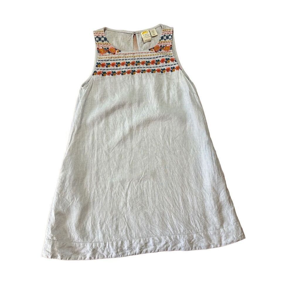 C&C California light‎ blue 100% linen floral embroidered dress sz small l…